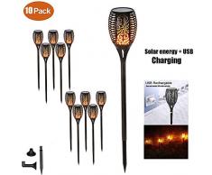 Gartenfackeln Solarleuchte mit USB Aufladen Garten Solar Flamme Lampe Fackel Solar Gartenlicht mit realistischen Flammen für Außen/Indoor,Garten,IP65 Wasserdicht (10Pack)