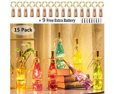 Weinflaschen-Lichter mit Korken, 15 Stück, batteriebetrieben, Silberdraht, Kork-Lichter + 9 zusätzliche Ersatzbatterien mit Mini-Lichterkette für DIY, Handwerk, Hof, Party, Hochzeit, Dekoration gelb