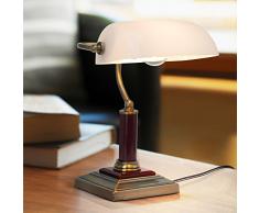 Elegante Bankerlampe, Schreibtischleuchte, mit Holzsockel, 1x E27 max. 60W, Metall/Holz/Glas, messing antik