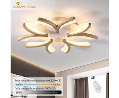 LED-Deckenleuchte Holz, Dimmbar Wohnzimmer-Lampe, Modern Deko Wohnzimmerlampe, Blume-Form Schlafzimmer Leuchte Deckenlampe, Decken Licht 50W mit Fernbedienung, Ø70CM Weiß Acryl Lampenschirm Holzlampe