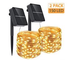 Aerb Solar Lichterkette Außen,LED Lichterkette Außen Wasserdicht 15M 150 LED Lichterkette mit 8 Modi für Weihnachten, Garden, Balkon, Party, Terrasse [Energieklasse A+++][2 Stück]