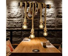 Retro Pendelleuchte Vintage Hängeleuchte Loft Hanfseil Eisen Industrie Antik Kronleuchter E27 Höhenverstellbar Hängelampe Wohnzimmer Esszimmer Esstisch Restaurant Pendellampe Beleuchtung Light (4*E27)