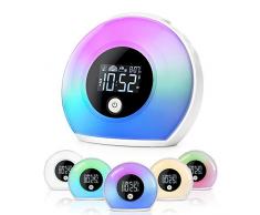 Lichtwecker Kinder mit Bluetooth Lautsprecher Powcan Nachttischlampe und Wecker Nachtlicht für Kinder Schlummerlicht für Schlafzimmer, Kinder Wecker für Kinderzimmer 5 Farbwechsel 4 Helligkeit