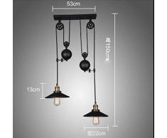 pendelleuchte vintage 2 flammig Industrie stil, COCOL Metall Pulley-Anhänger Loft-Deckenleuchte Pendelleuchte Retro Kronleuchter für Esszimmer/Wohnzimmer/Küche/Café(Schwarz mit glas)