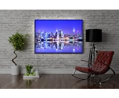 Leuchtbild LED Leinwandbild mit Farbwechsel - Manhattan Skyline Spiegelung - MADE IN GERMANY (100x70 cm)