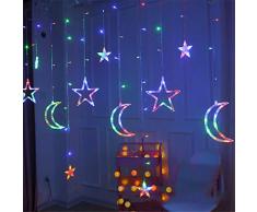 FENG Lichterkette mit LED Kugel 9 Sterne 3 Monde,Wasserdicht Pentagram Vorhang Licht 8 Modi Innen & Außenlichterkette für weihnachtsdeko, Hochzeit, Party (Mehrfarbig)
