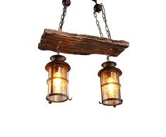 Retro Holz Pendelleuchte Vintage Schwarz Eisen und Glas Lampenschirm Hängelampe für Wohnzimmer Bar Loft E27 * 2 Kronleuchter Rustikal Industriell Hänge Leuchter Höhenverstellbar (21,7 * 39,4 Zoll)