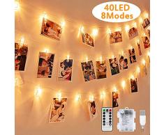 LED Fotoclips Lichterkette, mehrweg 5 Meter/Lichterketten-8 Modi 40 Foto-Clips, USB/Batteriebetrieben Stimmungsbeleuchtung,Dekoration für Wohnzimmer,Weihnachten,Hochzeiten,Party