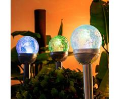 GIGALUMI Solarleuchte Gartenleuchte LED 3er Glaskugel Set mit Erdspieß Farbwechsel Edelstahl Wasserdicht für Außen, Garten, Balkon, Terrasse, Rasen, Wege