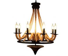 Retro Industrie Hanfseil Kronleuchter Schmiedeeisen Schwarz Kreis Halterung Decke Pendelleuchte Kerze Design Innenbeleuchtung Wohnraum Leuchten Esszimmer Restaurant Lampe E14 6-flammig (8-flammig)