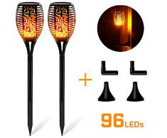 FLOWood 2 Stück Solar Garten Flammen Fackeln LED Bis Dawn Automatische Ein/Aus(Licht Sensor), Solarlampe mit Realistischen Flammen und Wasserdicht,Spotlight Gartenleuchte Licht Solar Außen warmlicht
