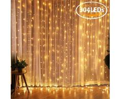 LED Lichtervorhang, FOCHEA 3m x 3m 304 LEDs Lichterkette Lichtvorhang, 8 Modi LED Vorhang Lichterketten für Weihnachten Party Schlafzimmer Garten Innen und außen Deko Warmweiß