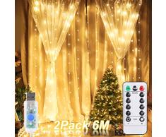 600 LED USB Lichtervorhang, ALED LIGHT 2 Pack 3x3M 2x300 LED Lichternetz Wasserfest Sterne Lichterkette Warmweiß 8 Modi Vorhang Lichterketten für Weihnachten Kinderzimmer Innenbeleuchtung Außen Party