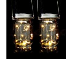 Relaxdays Solar Glas 2er Set, je 8 LED im Einmachglas, Stellen oder hängen, Solarleuchte für den Garten, transparent