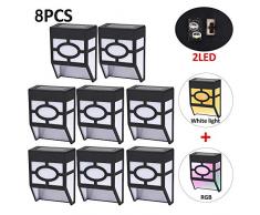 Solar-Zaunlichter, 8 Stück, 2 LEDs, solarbetrieben, wasserdicht, für den Außenbereich, Wand/Stufenlichter/Rasen/Terrasse/Balkon/Hof/Party/Landschaft/Halloween/Weihnachtsdekoration (warmweiß + RGB)