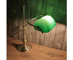 Tischleuchte Messing Echt Poliert Glasschirm Grün Zugschalter Art Déco Handarbeit Premium Bankerlampe Schreibtisch