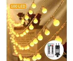 Lichterkette außen, ECOWHO 100 LEDs Kugel Lichterkette strombetrieben mit Timer & Fernbedienung, 8 Modi & IP65 Wasserdichte Lichterketten für Zimmer, Balkon, Innen, Weichnachten(Warmweiß)
