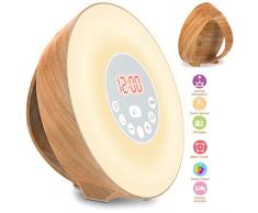Holz Wake Up Licht, Lichtwecker Coulax Wecker Sonnenaufgang Mit 6 Natürlichen Sounds FM Radio Snooze Funktion, Verblassenden Nachtlicht Mit 7 Farben Nachttischlampe Holzmaserung, Touch Control