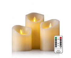 Air Zuker LED Kerzen mit beweglicher Flamme - Echt Flammen Effekt LED Echtwachskerzen mit 10 Key Fernbedienung und Timer [Klassische Stumpenkerze, Elfenbeinfarbe] - 3er Pack