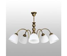 Leuchtstarke Deckenleuchte (B67cm, rustikal, Jugendstil, Weiß, Messing, gemustert, weite Schirmform, 5-flammig) Messinglampe Landhauslampe Küchenlampe Jugendstilleuchte Innenleuchte Flurlampe