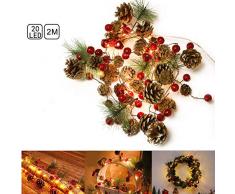 Parti 20 LED Weihnachtsbeleuchtung, 2 M Weihnachtsgirlande Winterdekoration Lichter mit Roten Beeren, Tannenzapfen & Immergrünen Tannennadeln Weihnachtsbaumdekor für Haus, Küche, Bar, Kamin Außengrün