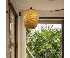 Handgeflochten Pendellampe aus Bambus, Holzdeckenleuchte Holzlampe, Bambus Lampenschirm, Retro Style Laterne Pendelleuchte, Handarbeit Bamboo Rattan Lampe E27,A