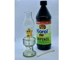 1x Öllampe aus Glas mit goldener Drehfassung 21 cm im Set mit Klarol Lampenöl 1ltr.