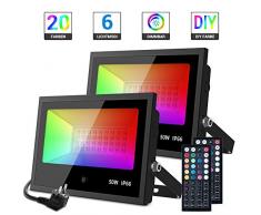 MustWin RGB LED Strahler 50W Fluter 2er Mit Fernbedienung Außenstrahler Dimmbar Flutlicht Bunt 20 Farben 6 Modi IP66 Wasserdicht Farbwechsel mit Memoryfunktion Für Außen Party Deko Garten Baum
