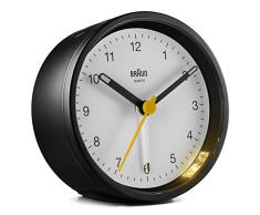Braun Klassischer analoger Wecker mit Schlummerfunktion und Licht, ruhiges Quarzuhrwerk, Crescendo-Alarm in Schwarz und Weiß, Modell BC12BW