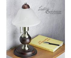 Jugendstil Tischleuchte aus Holz, goldfarbendes Metal mit Kabelschalter Nachttischlampe