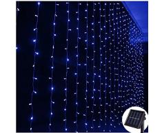 Lichtervorhang Solar Außen 2m x2m,Vorhang Lichterkette,8 Modus,200 LED Wand Fenster Hintergrund Dekor Lichterketten für Party Zuhause Garten pavillon Geburtstag Dekorationen,Dunkelgrünes Kabel-Blau