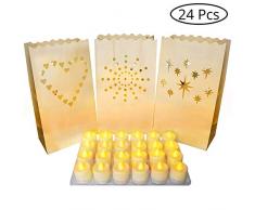 Papier Lichttüten und LED Teelicht Kerzen (24 Packs) - 26,5 x 15 cm Flammenlose Kerzen mit Teelichter Flackern Kerze Lichter für Dekoration, Geburtstag, Halloween, Straßenfest, Hochzeit