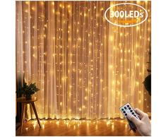 Greatever Lichtervorhang, 300 LEDs Lichterkettenvorhang 3M3M IP65 Wasserfest 8 Modi Lichterkette Warmweiß für Weihnachten Party Schlafzimmer Innen und außen Deko, Licht, Nicht abnehmbar