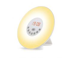 Lichtwecker, omitium Wake Up Licht LED Wecker FM Radio Digitaluhr Licht mit 6 Farben 6 Natural Sounds 10 Dimmstufen und Snooze Funktion LED Nachtlicht Kinderwecker ideal für Schlafzimmer, Geschenk