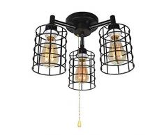 Retro Deckenleuchte Restaurant LED Deckenlampe mit Zugschalter, Schwarze Schmiedeeisen Käfig Pendelleuchte Innen Decken Lampen Dekorative Beleuchtung für Wohnzimmer/Schlafzimmer/Küche/Foyer (E27 x 3)