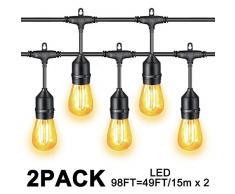 Svater S14 Lichterkette Glühbirne LED Retro, 2x15 Meters IP65 Wasserdicht, 2x15 Hängende Sockel, 2x15 2W LED Birnen E27 auf Warmweiß 2700K Beleuchtung für Innen- und Außen Deko Garten Hochzeit