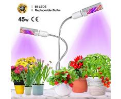 Bozily Pflanzenlampe LED 45w Grow Lampe Vollspektrum Pflanzenlicht, 2 Austauschbare Birnen für E26 / E27 und Flexibler Schwanenhals Wachstumslampe für Zimmerpflanze