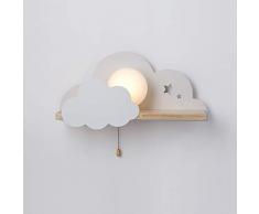 Moderne Wandlampe Schmiedeeisen Wolke Wandleuchte Holz Schlafzimmer Wandbeleuchtung E27 Glas Lampenschirm Innenwandleuchte Kinderzimmer Wohnzimmer Studie Flur Leselampe Bringt Zugschalter,Weiß