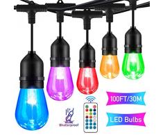 Lichterkette Außen Bunt,Bomcosy Bunt LED S14 Lichterkette Glühbirne Aussen, 30M RGBW Lichterkette Garten mit 30 LED Bruchsichere Birnen E27 und Fernbedienung für Hochzeit Party Café(2 Ersatzlampen)