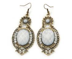 Kronleuchter-Ohrringe im viktorianischen Stil, weiße Acryl-Perle, antiker Goldton - 80 mm, L