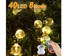 Vivibel LED Lichterkette Batteriebetrieben Kristall Kugeln, 40er LED 7.5 Meter Außenlichterkette Wasserdicht Beleuchtung mit Fernbedienung für Party, Geburtstag, Hochzeit, Garten, Fest Deko (Warmweiß)