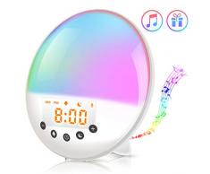 AMBOTHER Lichtwecker Wake Up Licht, Tageslichtwecker Sonnenuntergang Sonnenaufgangssimulator Wecker, Aufnahme, 7 Farben, 8 natürlichen Wecktöne, Schlummerfunktion, FM-Radio Kinder Nachttischlampe