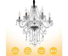 Froadp Lüster Kronleuchter Ø58x60cm Kristall Vintage Pendellampe Hängeleuchte mit K9 Kristallperlen und E14 Sockel(Klar, 6 Flammig mit Zieh das Netz)