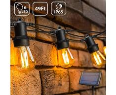 Solar Lichterkette Außen,OxyLED S14 Lichterkette Glühbirne LED Retro,15M IP65 Wasserdicht,16X2W LED Birnen Warmweiß 2500K Beleuchtung für Innen und Außen Deko Garten Hochzeit