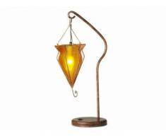 Manuja -stimmungsvolle orientalische Tischleuchte mit gelbem Kunststoff Schirm in Lederimitat Fassung E14