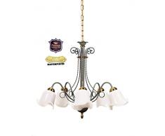 Helios Leuchten 244022 große Jugendstil Pendelleuchte Pendellampe Lampe Leuchte Kronleuchter echt MESSING antik Patina grün 5 x E27, geeignet für LED Lampen