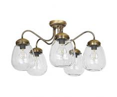 Formschöne Deckenleuchte (B64cm, L64cm, Jugendstil, Klar, Messing, bauchige Schirmform, 5-flammig) Deckenleuchter Messingleuchte Jugendstilleuchte Innenlampe Flurleuchte Deckenlampe