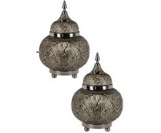 2er Set Orientalische Messing Tischlampe Lampe Huriye 28cm Silber | Marokkanische Tischlampen klein Lampenschirm silberfarben | kleine Nachttischlampe modern Vintage Retro & Landhaus Stil Design