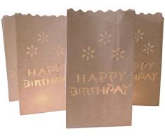 10 Stück Papier Lichttüten Lichtertüten Happy Birthday Geburtstag für Teelichter Kerzen Laternen weiß Kerzenhalter Kerzentüten