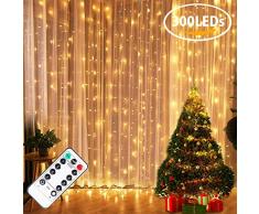 FSBMIN Lichtervorhang Lichterkettenvorhang 300 LEDs Lichterketten mit Fernbedienung 8 Modi IP44 Wasserfest Warmweiß 3x3m für Weihnachten Hochzeit Fenster Garten Party Innen Außen Dekoration